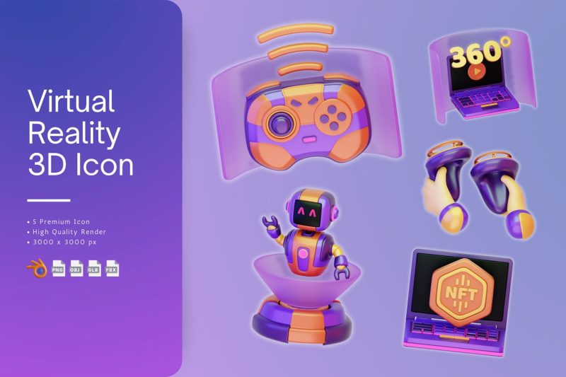 5个卡通虚拟现实图标3D模型素材 (OBJ,FBX,BLEND,PNG) virtual-reality-3d-icon