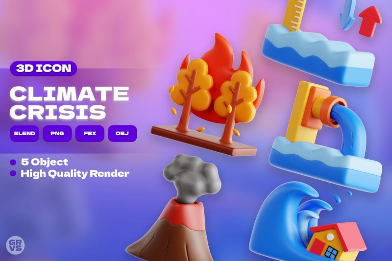 5个卡通气候危机图标3D模型素材集 (OBJ,FBX,BLEND,PNG) climate-crisis-3d-icon-set