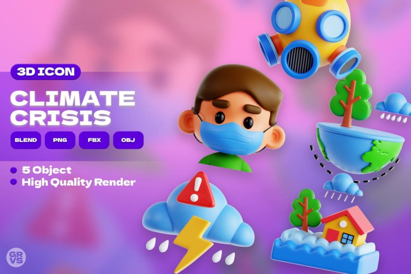 5个气候危机3D图标素材合集 (OBJ,FBX,Blender,PNG) climate-crisis-3d-icon-set