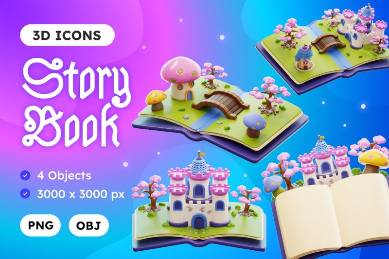 4个卡通故事书插图3D模型素材(obj,PNG) story-book-3d-illustrations