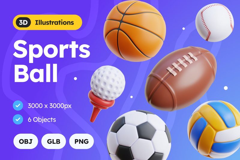 6个卡通运动球3D模型素材(OBJ,PNG) 3d-sports-ball-illustration