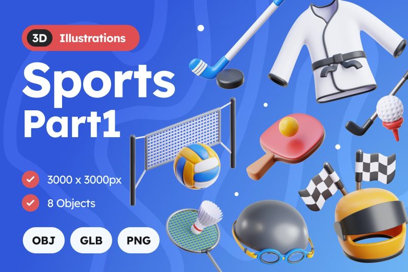 体育用品插画3D模型素材(OBJ,GLB,PNG) 3d-sports-illustration