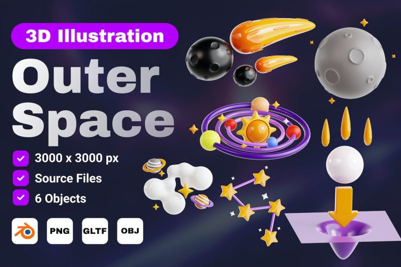 外太空图标3D模型素材集 (OBJ,Blend,PNG) outer-space-v-2-3d-icon-set