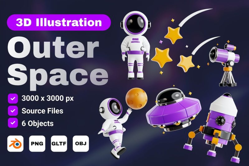 外太空航天元素V.5 –图标3D模型素材集(OBJ,Blend,PNG) outer-space-v-5-3d-icon-set