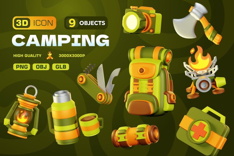 9个卡通露营图标3D模型素材包 (OBJ,PNG ) camping-3d-illustration-pack
