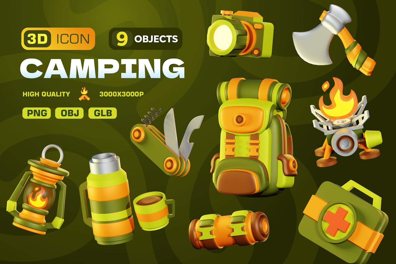 卡通露营插图3D模型素材包 (OBJ,PNG ) camping-3d-illustration-pack