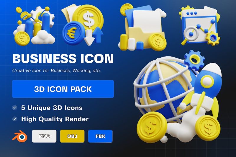 5个卡通商业图标3D插图模型素材包 (OBJ,FBX,Blend,PNG) business-icon-3d-illustration-pack