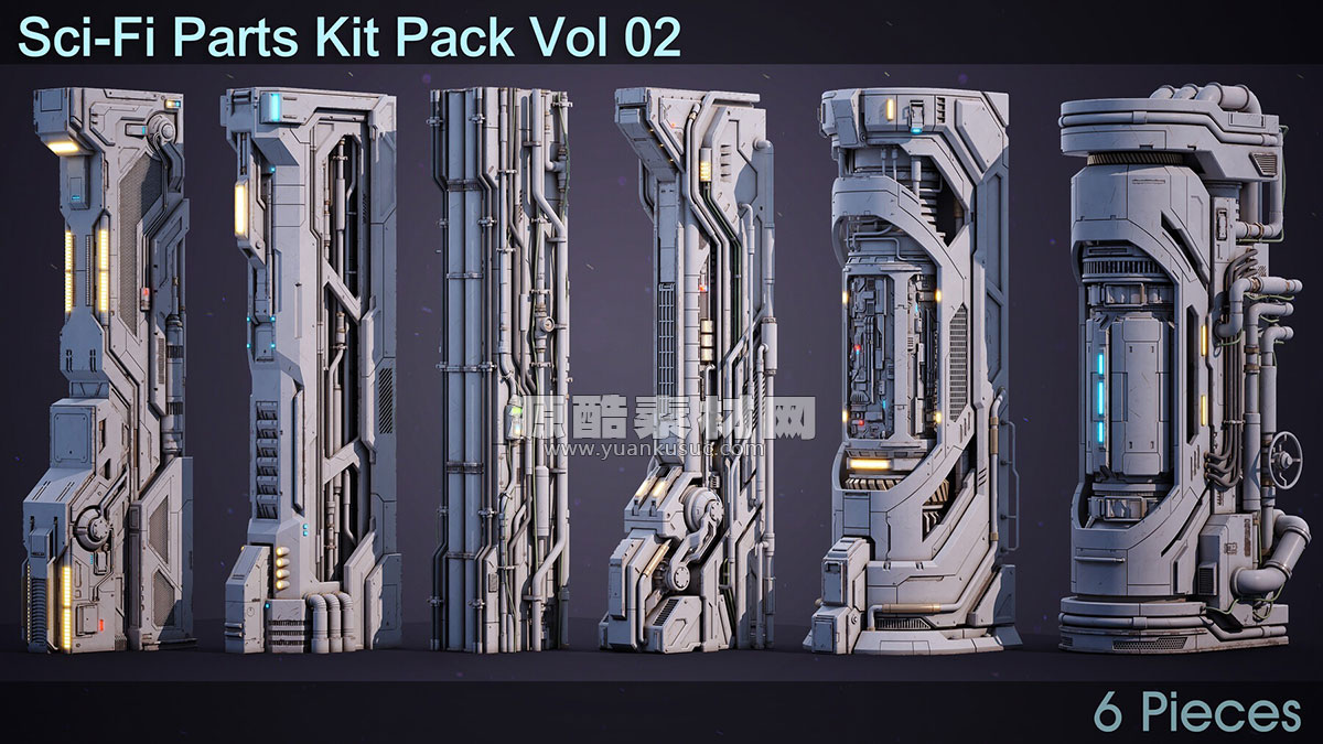 6组科幻风格柱子立柱模型资产3D模型 Sci-Fi Parts Kit Pack Vol 02 Column (MAX/FBX/OBJ格式)