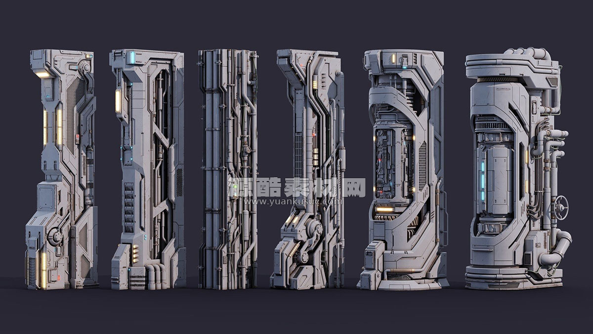 6组科幻风格柱子立柱模型资产3D模型 Sci-Fi Parts Kit Pack Vol 02 Column (MAX/FBX/OBJ格式)