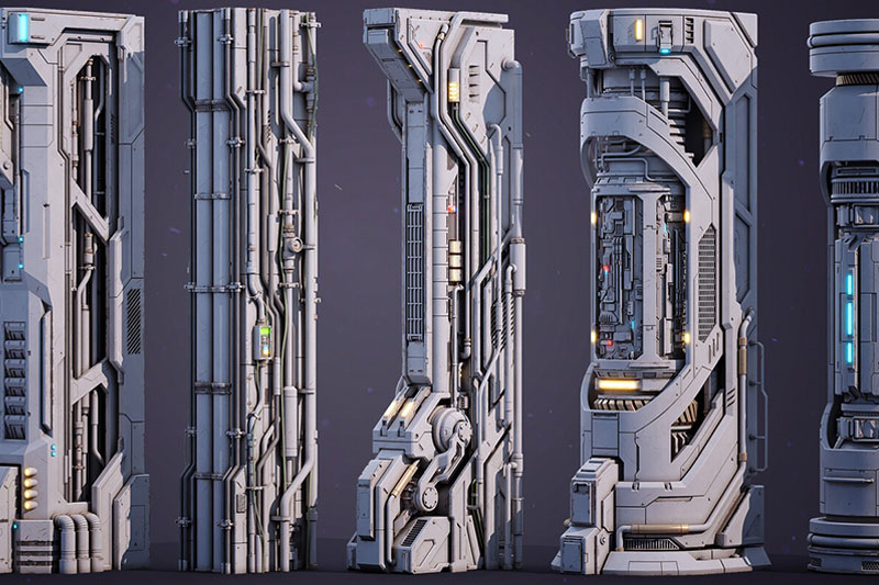 6组科幻风格柱子立柱模型资产3D模型 Sci-Fi Parts Kit Pack Vol 02 Column (MAX/FBX/OBJ格式)