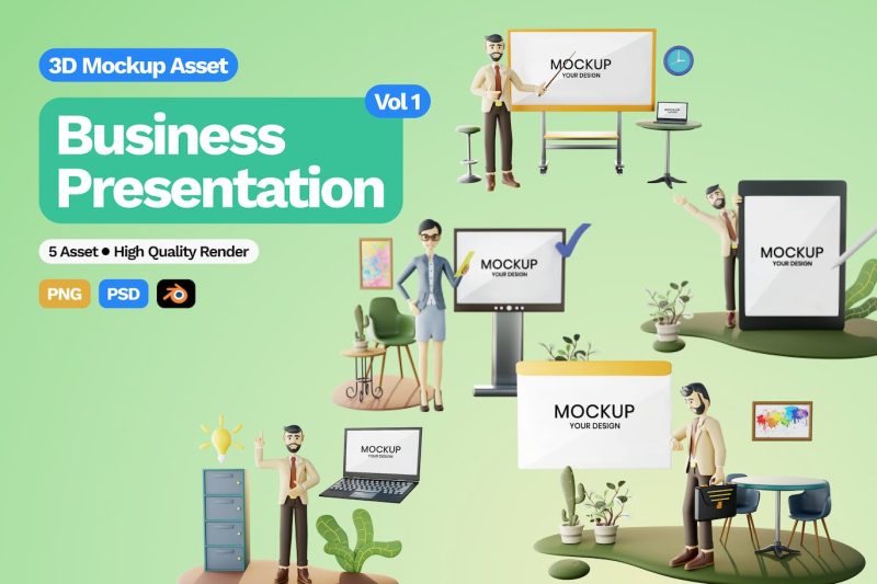 卡通人物业务演示3D模型素材第1卷 (Blender,PNG,PSD) 3d-business-presentation-mockup-vol-1