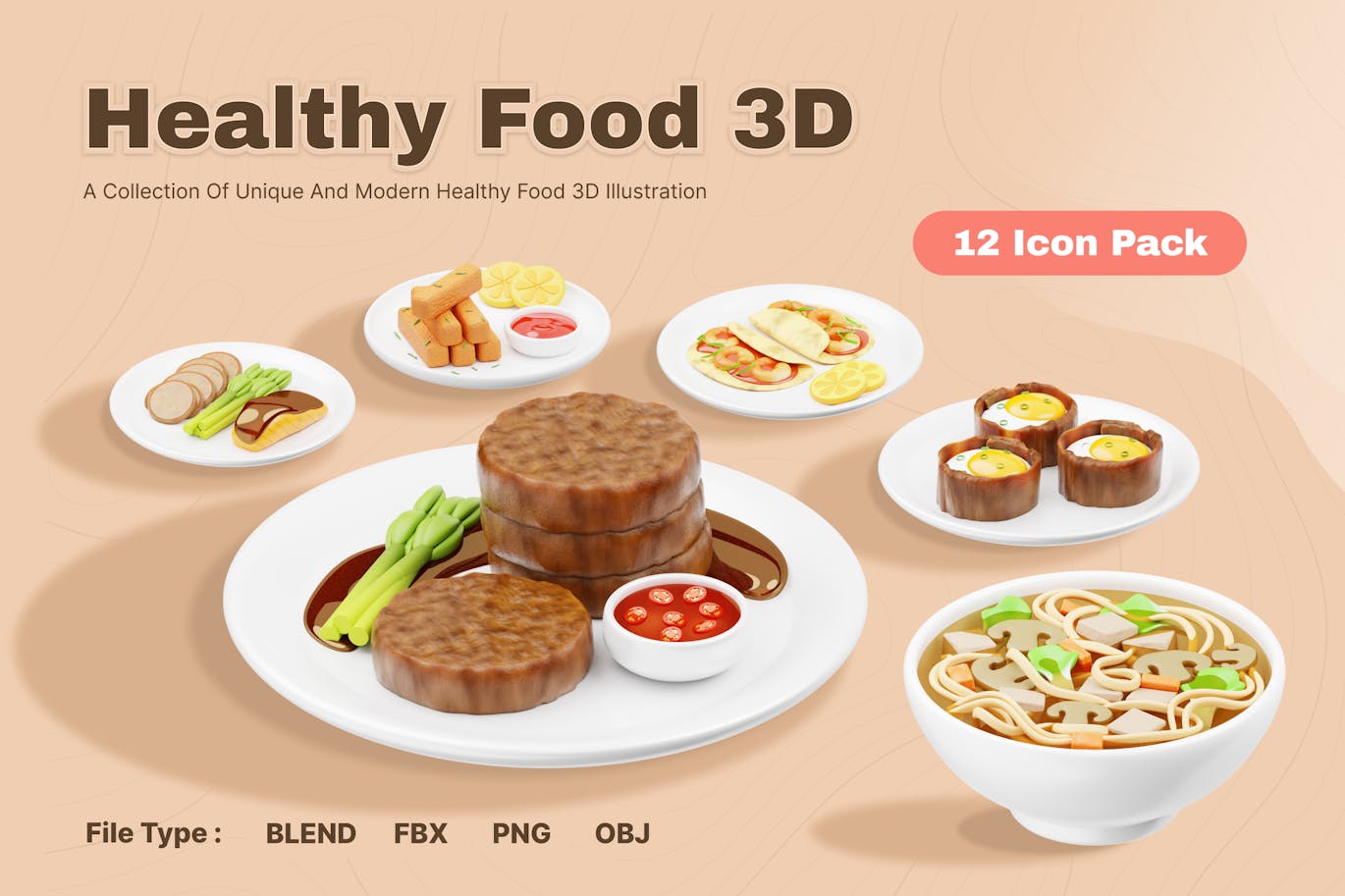 健康食品插图3D模型素材 (OBJ,FBX,Blend,PNG)