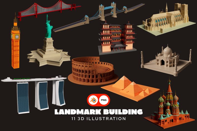世界著名地标建筑插图3D模型素材 (OBJ,PNG) landmark-building-3d-illustration-pack