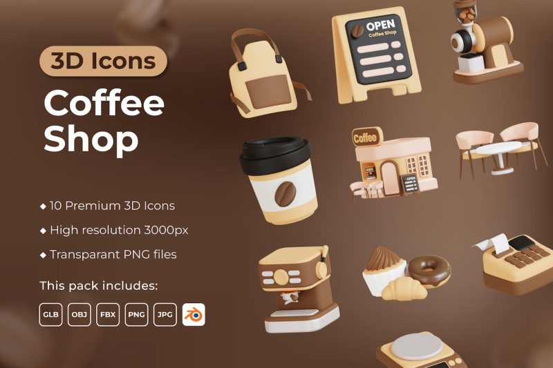 咖啡厅图标3D模型素材 (OBJ,PNG,FBX) coffee-shop-3d-icons