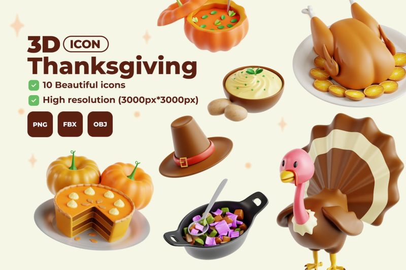 感恩节 V.2 – 图标3D模型素材集 (OBJ,PNG,FBX) thanksgiving-v-2-3d-icon-set