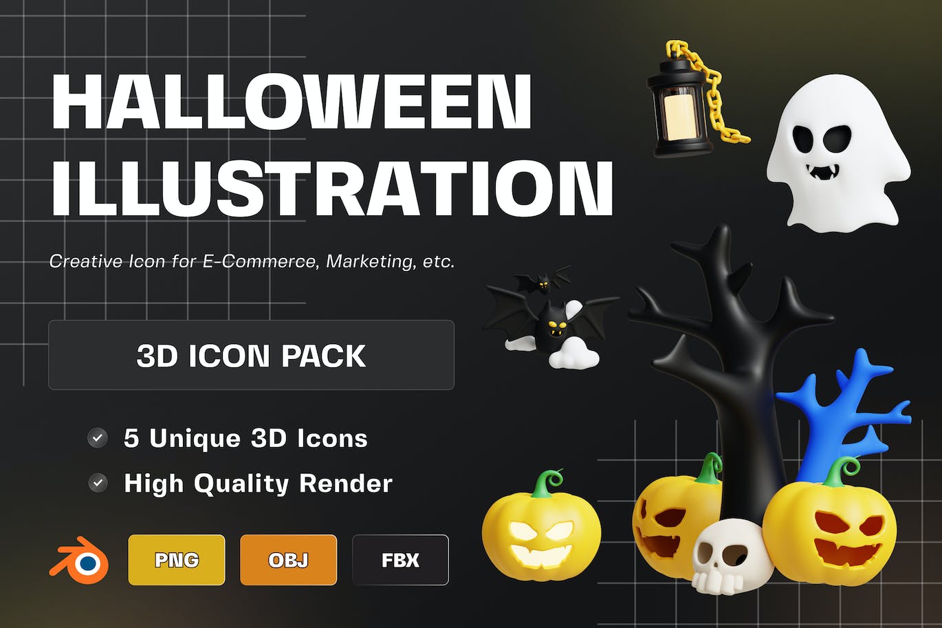 5个万圣节插图3D模型素材 (FBX,OBJ,Blend,PNG) halloween-3d-illustration