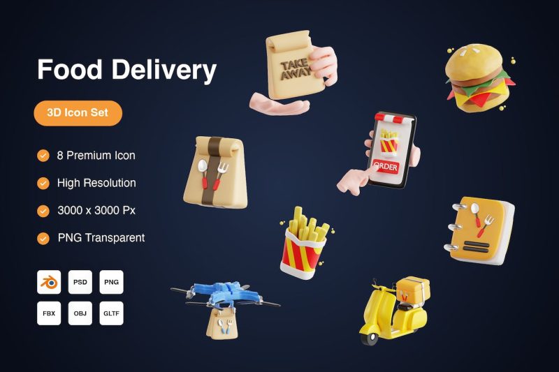 食品配送图标3D模型素材 (Blend,OBJ,FBX,PNG) food-delivery-3d-icons