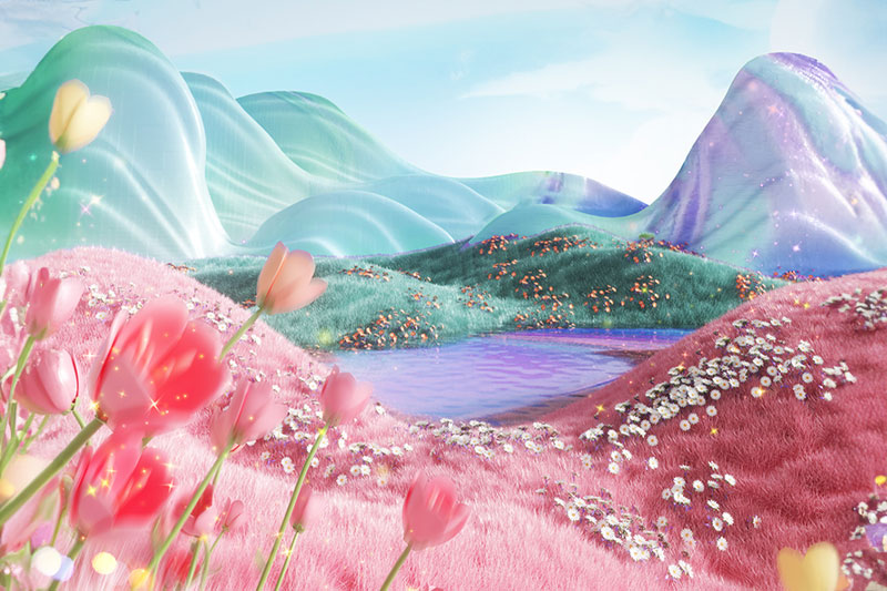 C4D工程-粉色草地唯美花朵植物场景渲染工程草地场景C4D模型