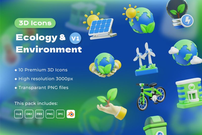 生态与环境图标3D模型素材 (Blend,OBJ,PNG) ecology-and-environment-3d-icons-vol-1