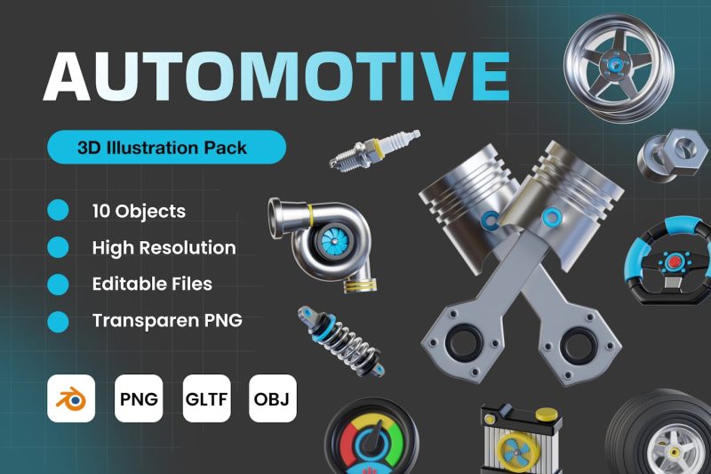 汽车零件图标3D模型素材包 V.2 (Blend,OBJ,PNG) automotive-3d-icon-pack-v-2