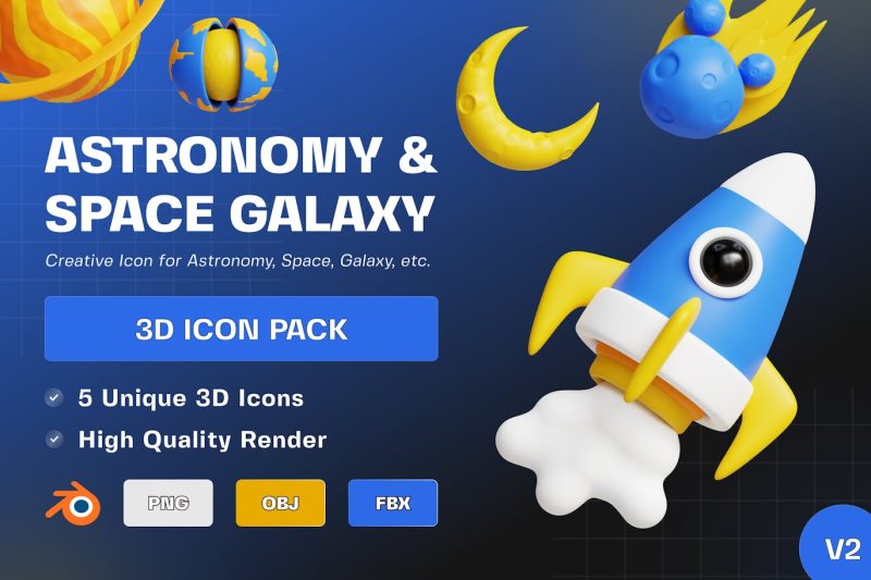卡通星球火箭图标3D模型素材V2 (Blend,OBJ,FBX,PNG) space-galaxy-icon-3d-illustration-v2