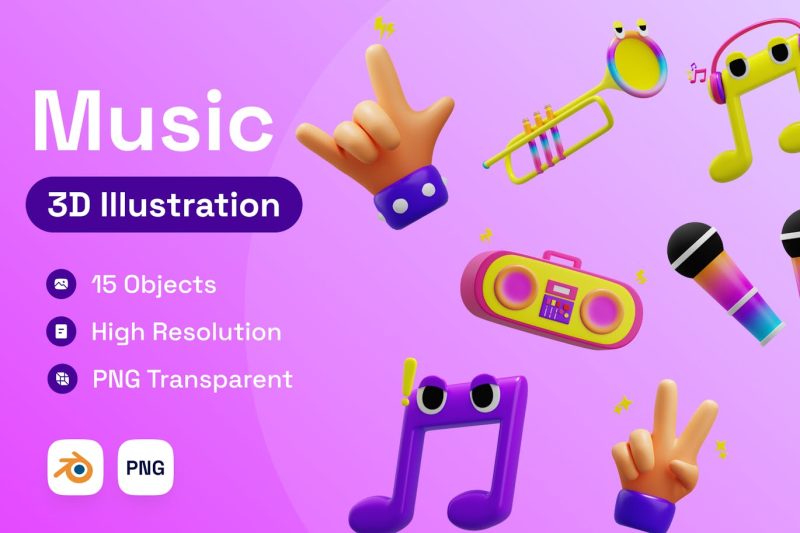 音乐-插图3D模型素材 (PNG,Blend) music-3d-illustration