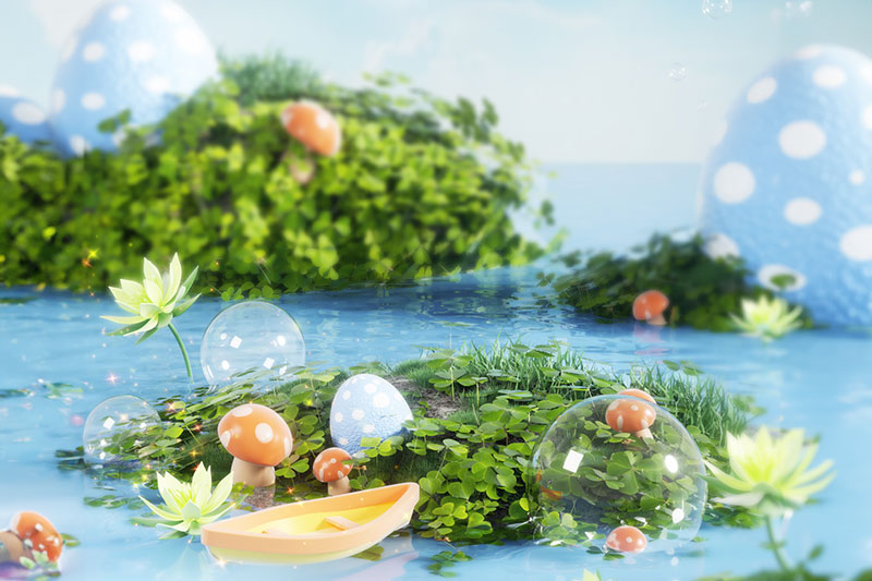 C4D工程-春天实景植物户外水面场景渲染工程植物场景C4D模型