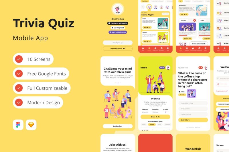 问答测验移动应用APP UI KIT (FIG,SKETCH)