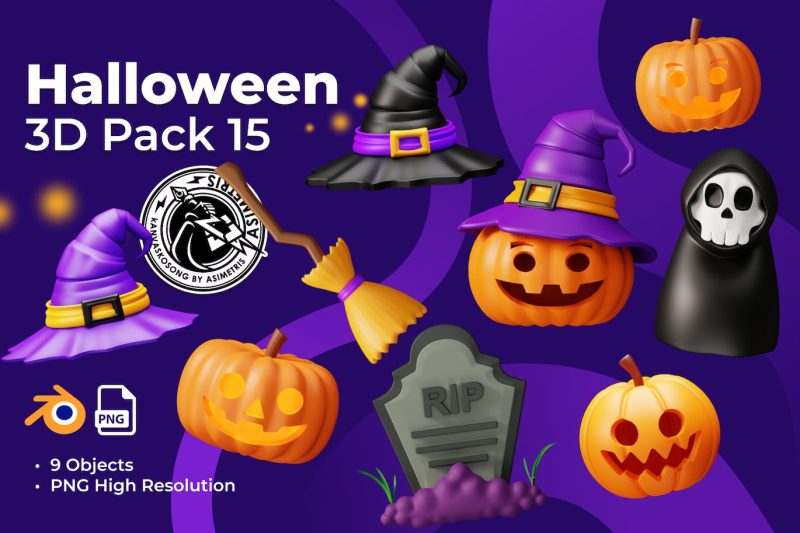 万圣节图标3D图标插图模型素材集 v3 (Blend,PNG,) halloween-3d-icon-illustration-set
