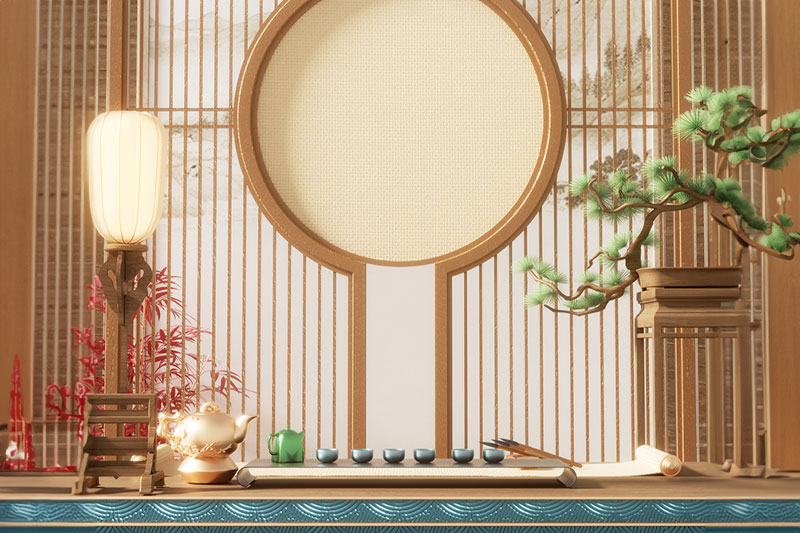 C4D工程-春天中式茶室茶桌场景渲染工程中式场景C4D模型下载