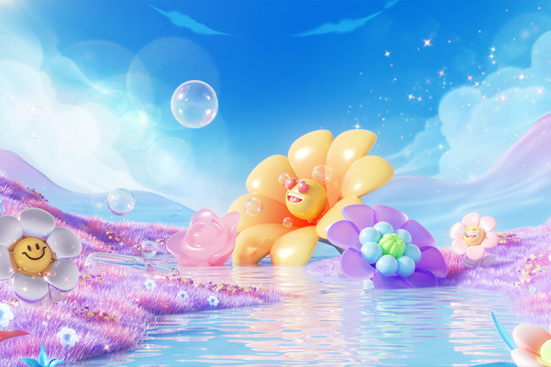 C4D工程-梦幻唯美草地花朵卡通场景渲染工程草地场景C4D模型