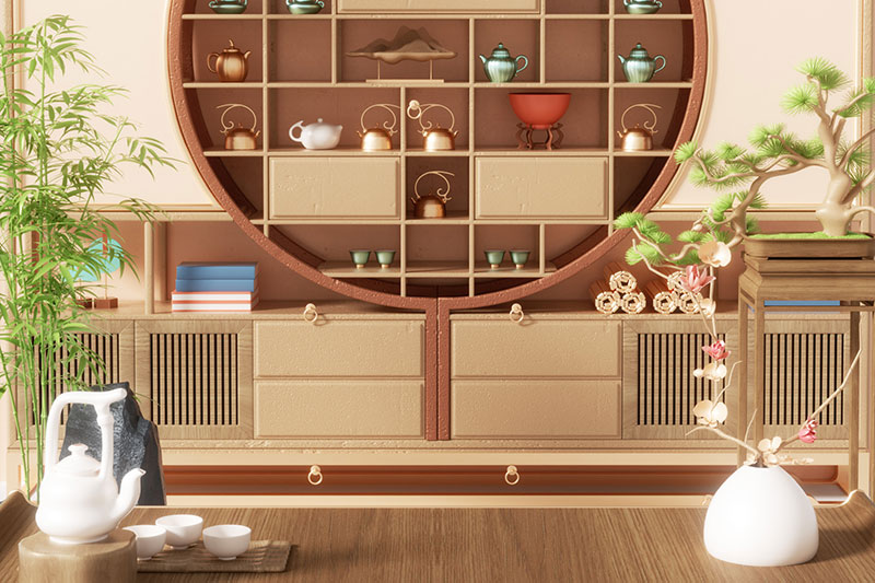 C4D工程-中国风茶铺茶室品茶场景渲染工程茶室C4D模型