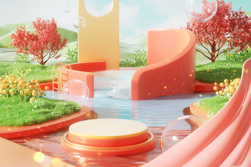 C4D工程-粉色水池电商展台场景渲染工程电商展台C4D模型