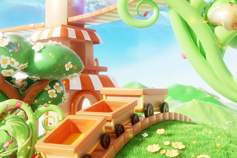 C4D工程-卡通运输车滑道草地植物电商场景渲染工程电商场景C4D模型