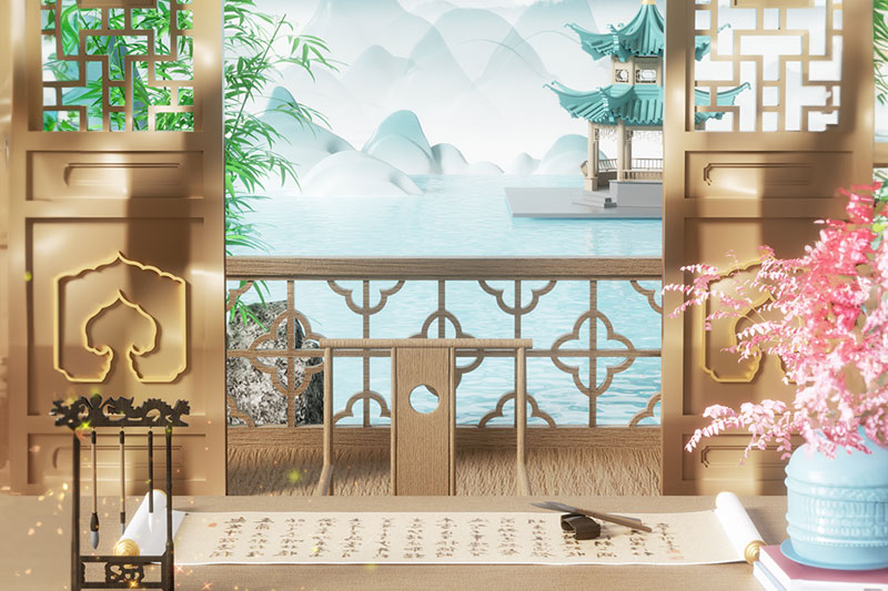 C4D工程-中式建筑场景直播间背景渲染工程中国风建筑C4D模型