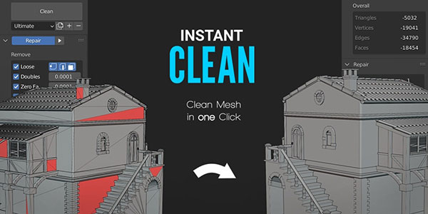 Blender插件-网格布线清理优化工具 Instant Clean v2.1.2 – The Ultimate Mesh Clean