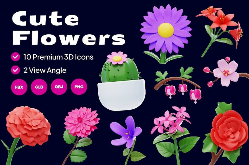 可爱的花朵图标3D模型素材 (FBX,OBJ,PNG) cute-flowers-3d-icon