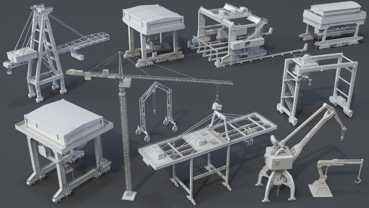 11个港口塔式集装箱起重机模型3D模型 Cranes – 11 pieces