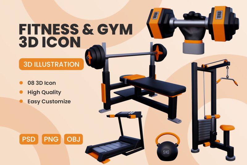 健身房和健身图标3D模型素材 (OBJ,PSD,PNG) gym-and-fitness-3d-icon