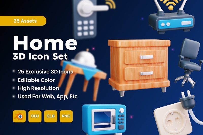 居家家具元素图标3D模型素材 (Blend,OBJ,PNG)