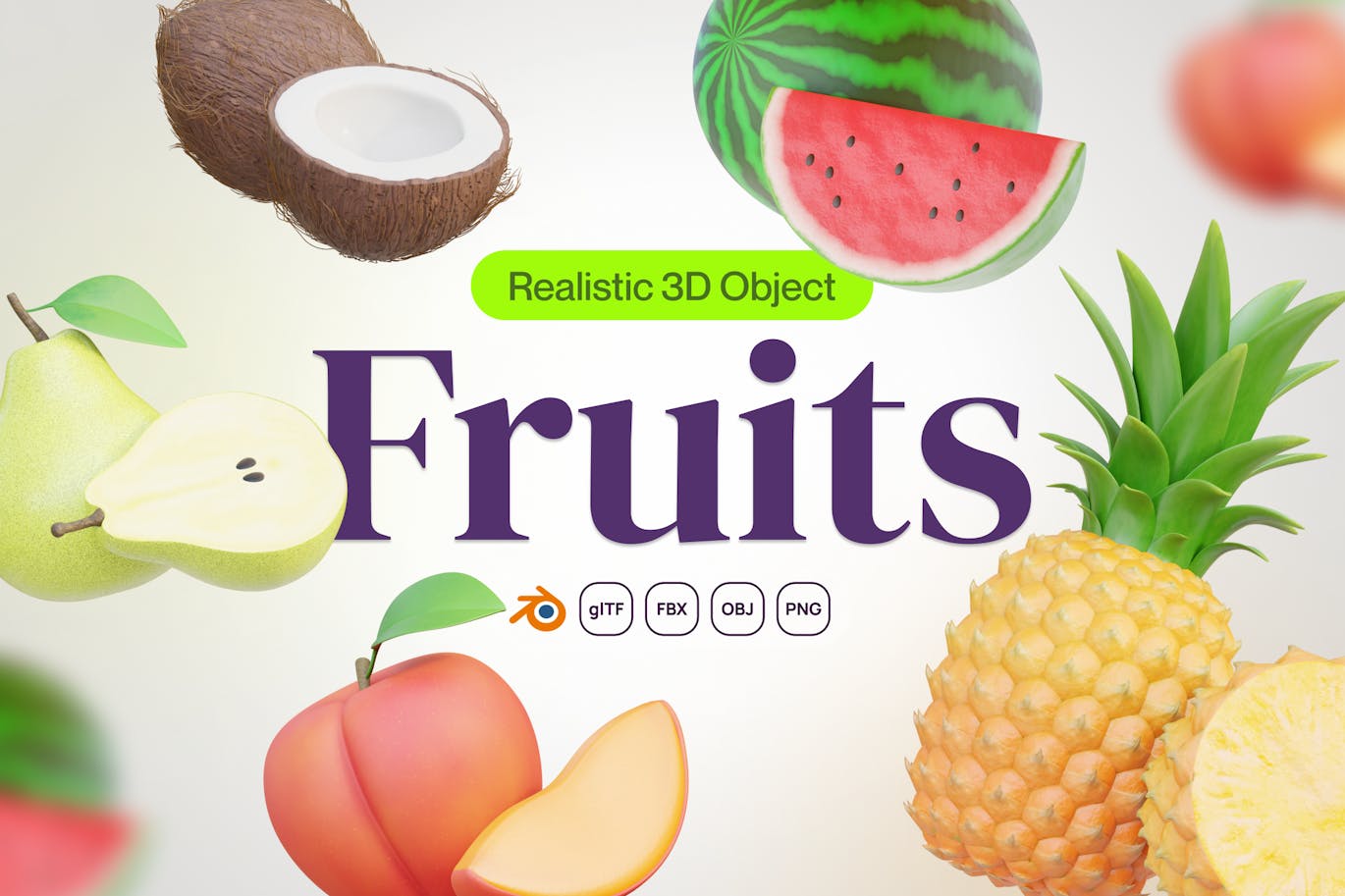 水果图标3D模型素材集 (Blend,FBX,OBJ,PNG) Fruity – Fruit 3D Icon Set