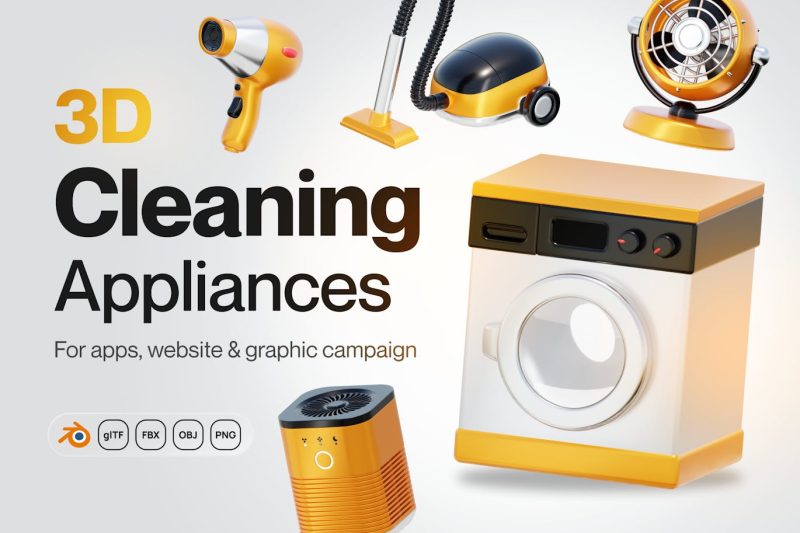 清洁家用电器3D模型素材集 (Blend,FBX,OBJ,PNG)