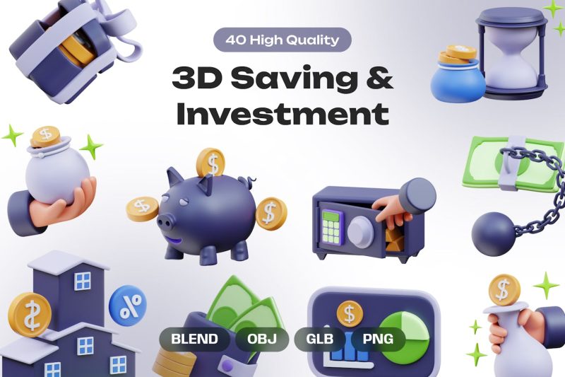 储蓄和投资图标3D模型素材 (OBJ,GLB,PNG) saving-investment-3d-icons