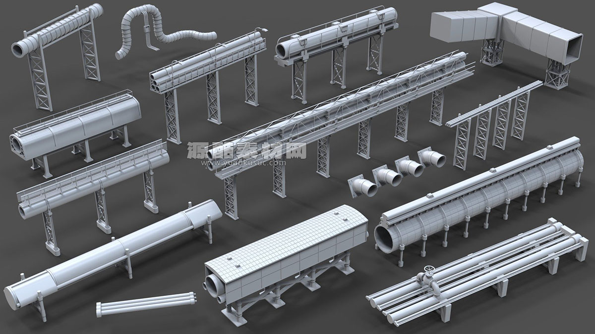 15个工业管道模型3D模型 (Blender/MAX/FBX/OBJ等格式) Industrial Pipes – 15 pieces