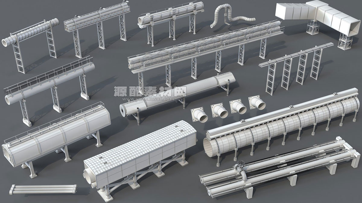 15个工业管道模型3D模型 (Blender/MAX/FBX/OBJ等格式) Industrial Pipes – 15 pieces