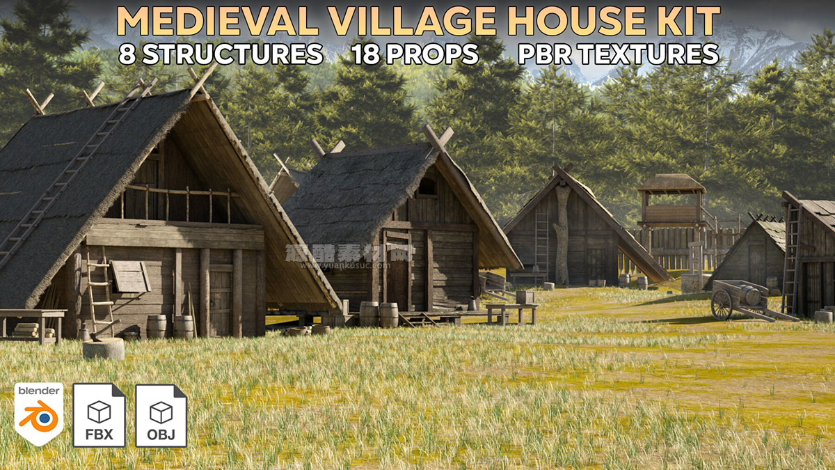 中世纪木屋建筑道具模型3D模型 (Blender/MAX/FBX/OBJ等格式) Medieval Village Kitbash (Blender/MAX/FBX/OBJ等格式)