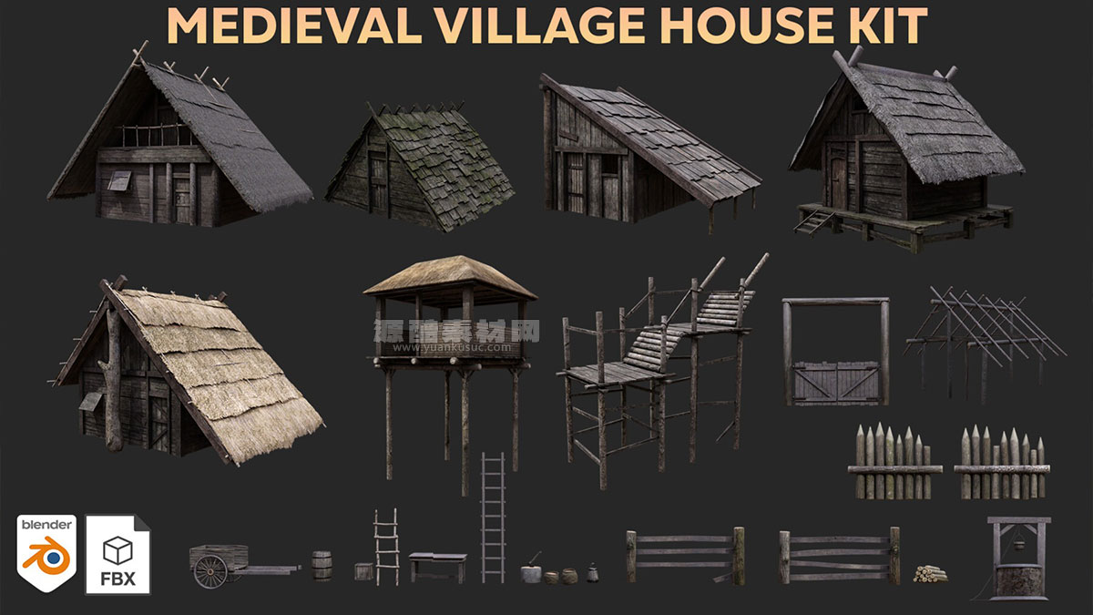 中世纪木屋建筑道具模型3D模型 (Blender/MAX/FBX/OBJ等格式) Medieval Village Kitbash (Blender/MAX/FBX/OBJ等格式)