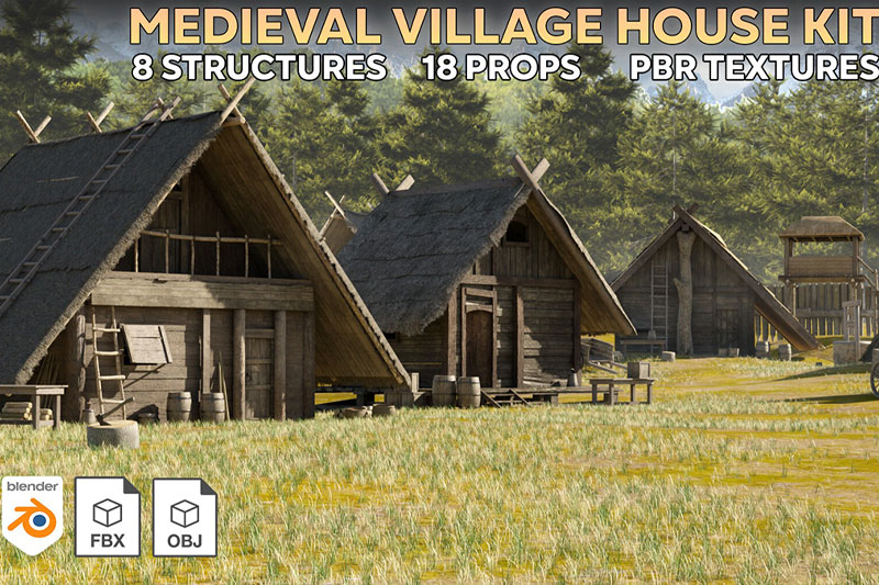 中世纪木屋建筑道具模型3D模型 (Blender/MAX/FBX/OBJ等格式) Medieval Village Kitbash (Blender/MAX/FBX/OBJ等格式)