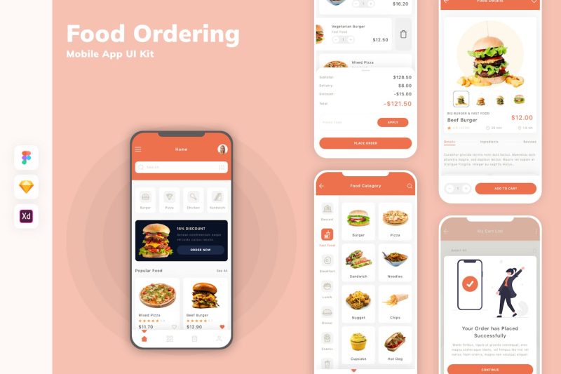 订餐移动应用 APP UI KIT (SKETCH,FIG,XD) food-ordering-mobile-app-ui