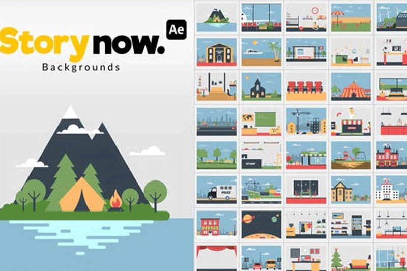 AE/PR模板-50组二维扁平化场景搭建背景图形MG动画 Story Now Backgrounds
